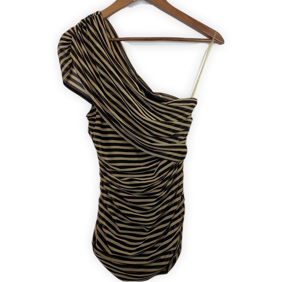 Womens Beige & Black Striped ONE SHOULDER BLOUSE TOP SHIRT ā¢XSmall - Picture 2 of 7